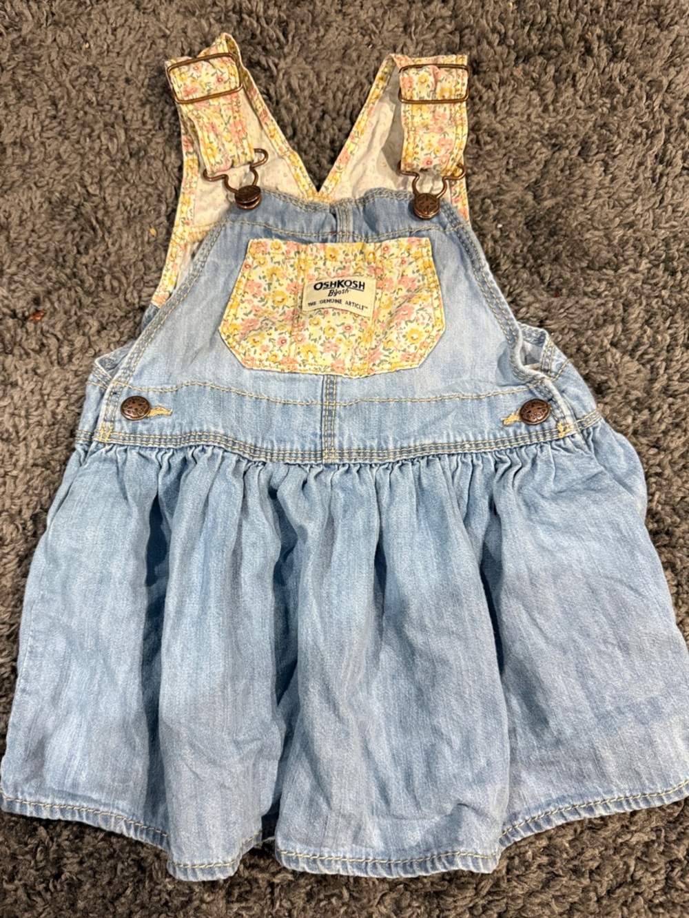 OshKosh Light Blue Denim Overall Dress with Floral Trim